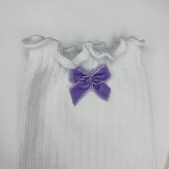 White Lettuce Ruffle Crew Cut Socks with Purple Velvet Bow. - Picture 2 of 3